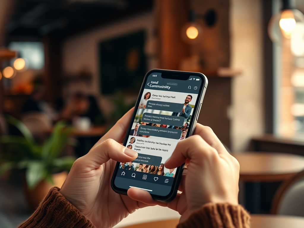 A person holds a smartphone displaying a social media app in a cozy café setting.