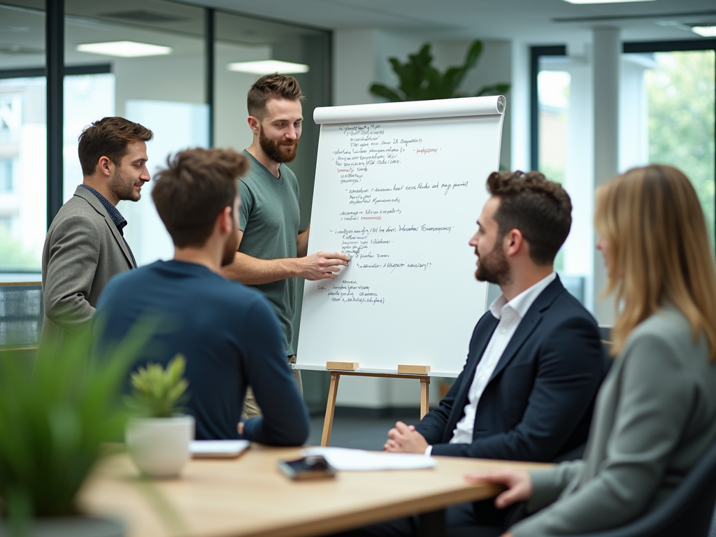 A group of professionals discussing ideas during a meeting, with one person presenting on a whiteboard.