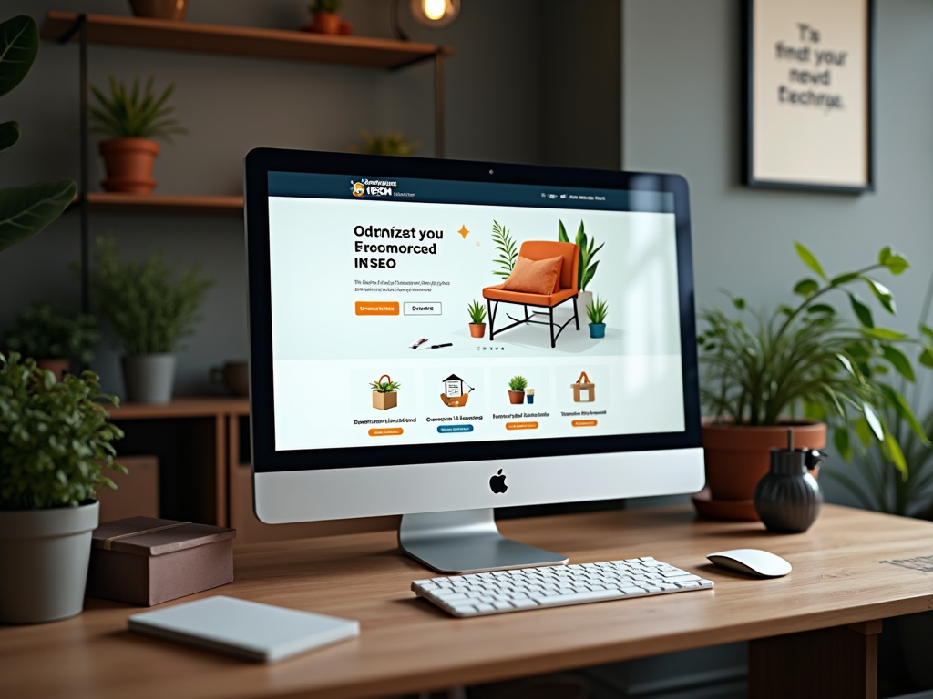 iMac displaying a website with a modern home office setup, surrounded by indoor plants and wooden furniture.