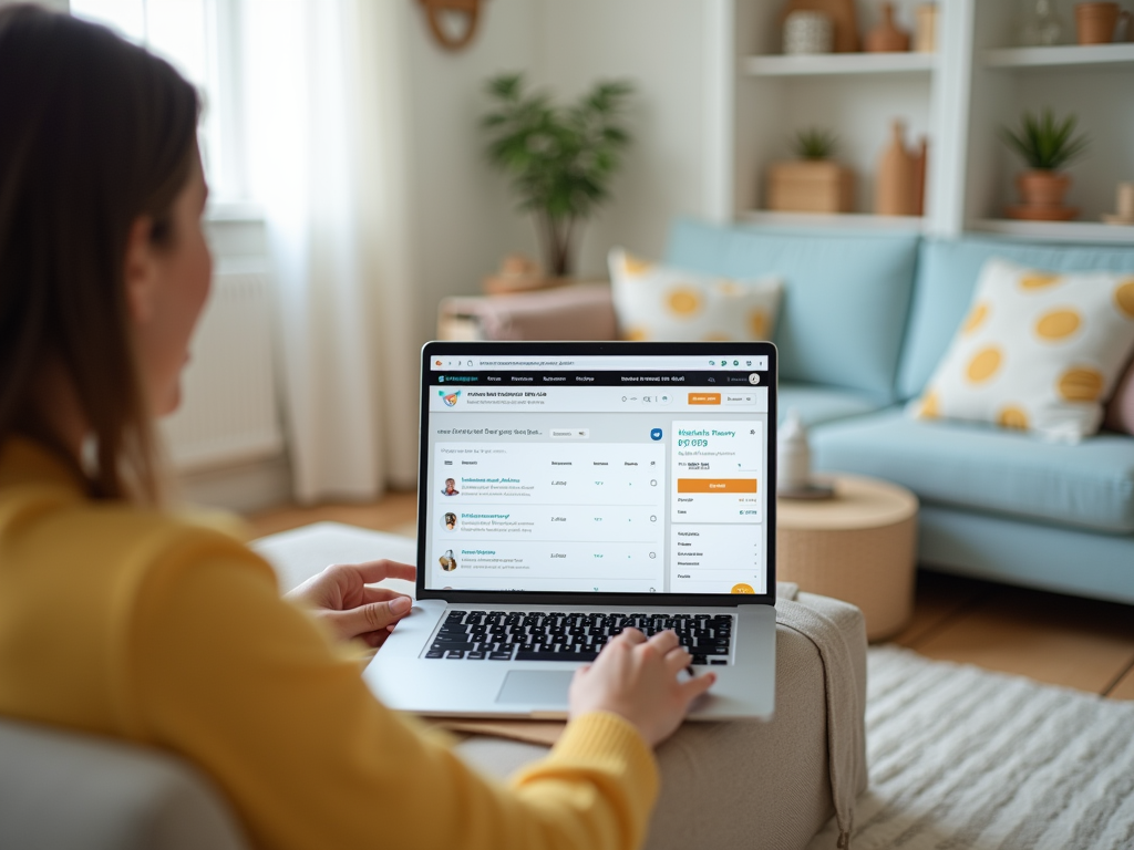 Woman in yellow sweater using laptop with visible HR software on screen, sitting in living room.