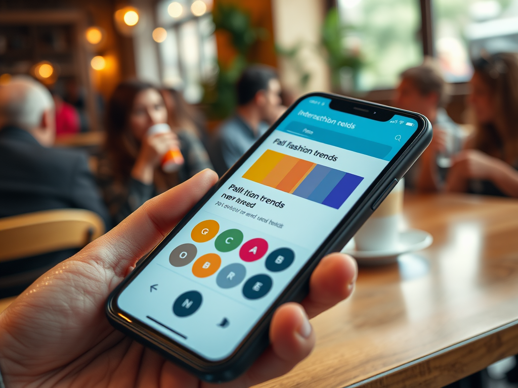 A person holds a smartphone displaying a "Fall fashion trends" page in a café with blurred background conversations.