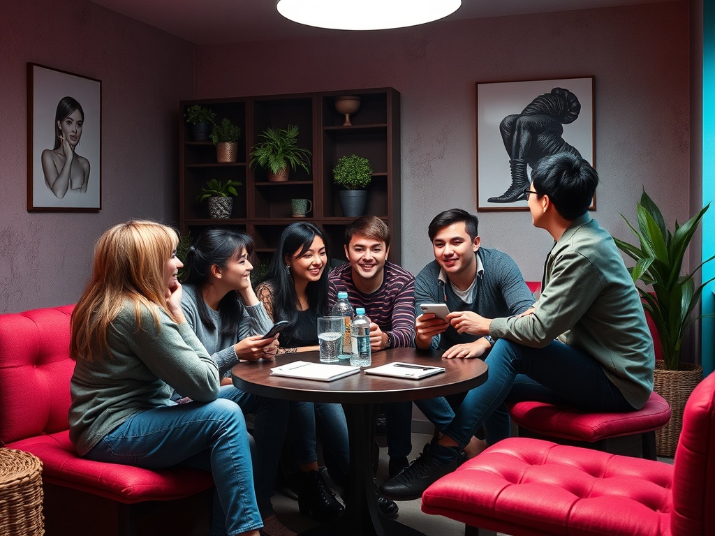 A group of six young adults are laughing and talking around a table in a cozy, stylish room.